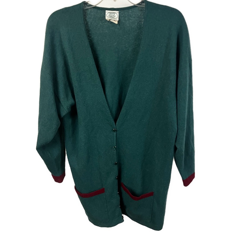Vintage Laura‎ Ashley Women's Wool Cardigan Green Red Trim- Size Medium